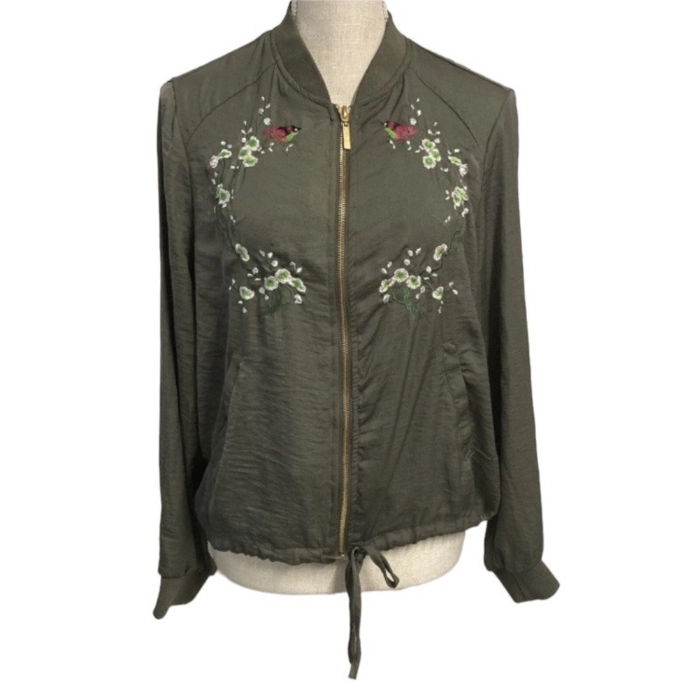 Janina Jacket Zipper Front Embroidered Birds Flowers Green
